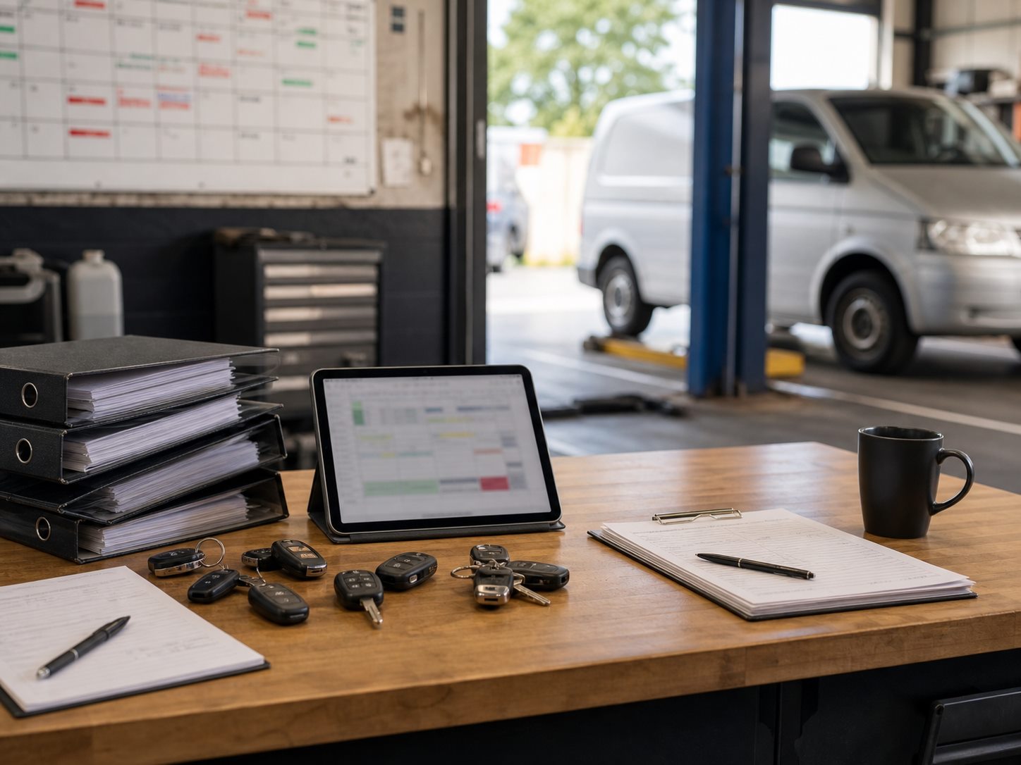 Fleet service records, keys and planning equipment on a workshop desk