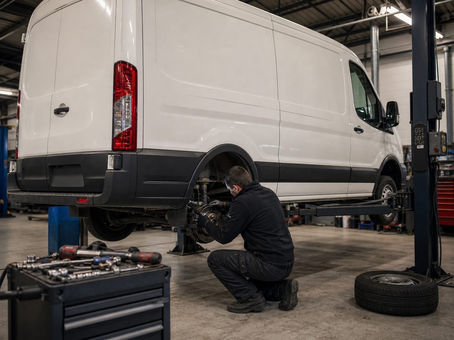 Unbranded commercial van being inspected in a workshop bay