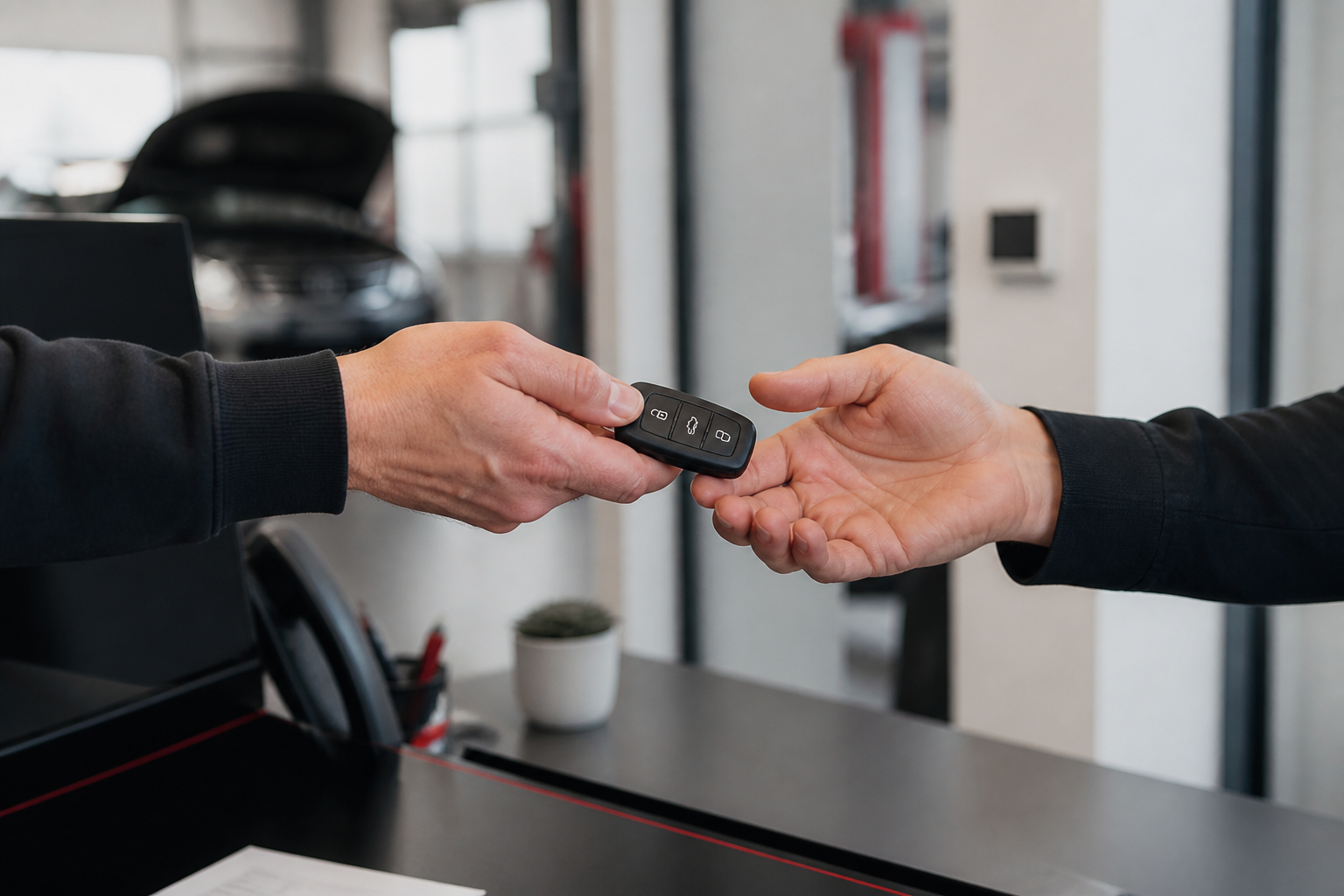 A customer handing their vehicle key to a workshop service advisor
