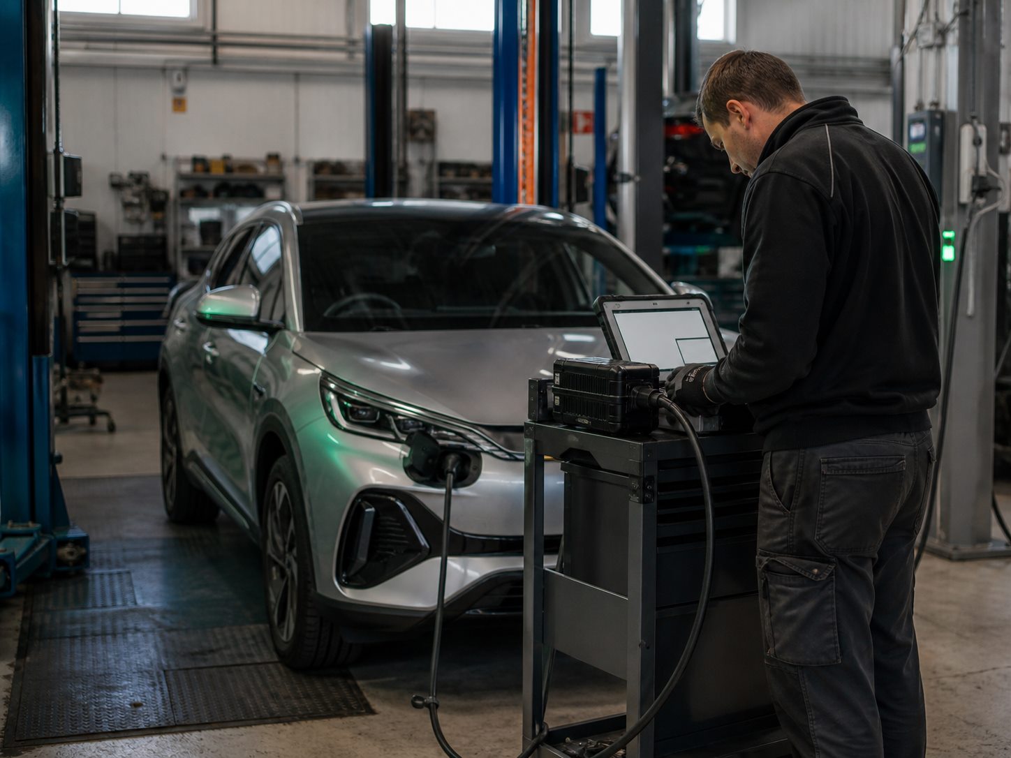 Electric vehicle battery health check being carried out in a workshop