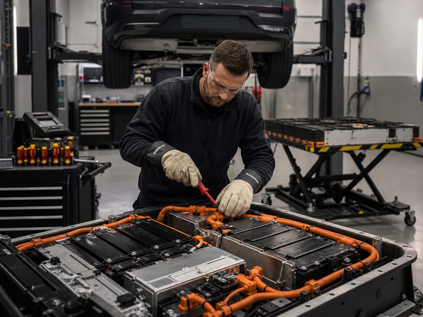 High-voltage electric vehicle workshop equipment and orange safety cabling