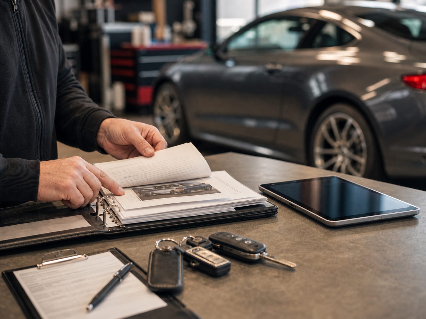 Premium vehicle ownership records being reviewed at a workshop desk