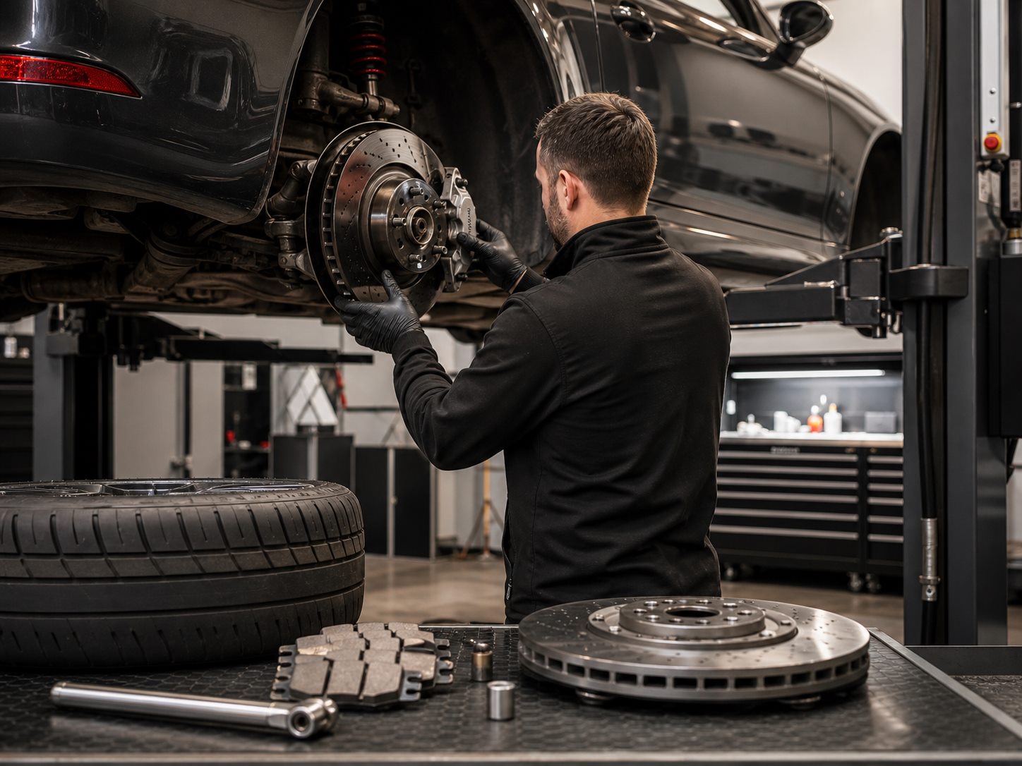 Premium vehicle brake and tyre work being carried out in a clean workshop bay